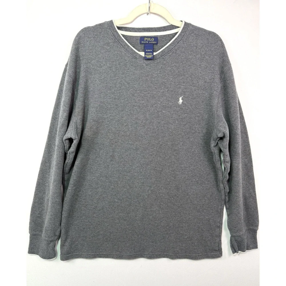 Polo Ralph Lauren Thermal Shirt Mens XL Gray Waffle Knit V‎ Neck Pony Logo